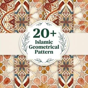Può includere: Una collezione di motivi geometrici islamici ad acquerello con disegni di stelle e fiori in tonalità terracotta, blu e crema. Un'etichetta bianca centrale con un bordo decorativo riporta il testo 20+ Islamic Geometrical Pattern.