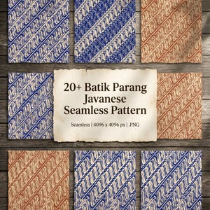 Puede incluir: Una colección de patrones batik cuadrados en azul y marrón con un diseño crema. La imagen incluye un papel con el texto "20+ Batik Parang Javanese Seamless Pattern". Los patrones están dispuestos sobre una superficie de madera.