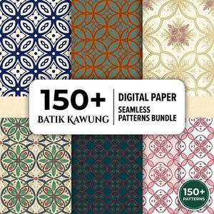 Puede incluir: Un paquete de papel digital con más de 150 patrones Batik Kawung sin costuras en varios colores, incluyendo azul, naranja, crema, verde y rosa. Una etiqueta blanca central muestra el texto 150+ DIGITAL PAPER SEAMLESS BATIK KAWUNG PATTERNS BUNDLE.
