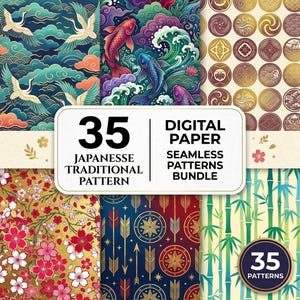 May include: A digital paper bundle featuring 35 seamless patterns with Japanese motifs including cranes, koi fish, cherry blossoms, bamboo, and circular emblems. The text reads 35 DIGITAL PAPER SEAMLESS PATTERNS BUNDLE JAPANESSE TRADITIONAL PATTERN.