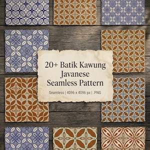 Puede incluir: Una colección de 20+ patrones sin costuras Batik Kawung Javanese en azul, marrón y blanco. Los patrones presentan intrincados diseños florales y geométricos, mostrados sobre una superficie de madera. La imagen incluye el texto "20+ Batik Kawung Javanese Seamless Pattern".