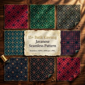 May include: Collection of Javanese seamless patterns in various colors, including red, green, and teal, with gold accents. The patterns feature geometric designs of circles and crosses. The image includes the text "15+ Batik Kawung Javanese Seamless Pattern."