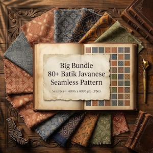 Könnte beinhalten: Ein offenes Buch zeigt Batik Javanese nahtlose Muster. Stoffmuster in Braun-, Blau- und Grüntönen umgeben das Buch. Der Text "Big Bundle 80+ Batik Javanese Seamless Pattern" ist sichtbar.