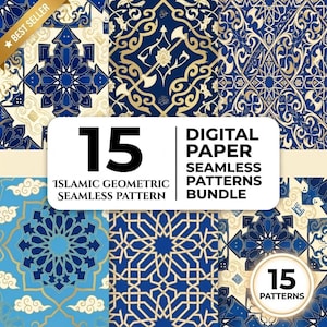 May include: A digital paper bundle featuring 15 seamless Islamic geometric patterns in shades of blue, gold, and cream. The text reads 15 DIGITAL PAPER SEAMLESS PATTERNS BUNDLE, ISLAMIC GEOMETRIC SEAMLESS PATTERN, BEST SELLER, and 15 PATTERNS.