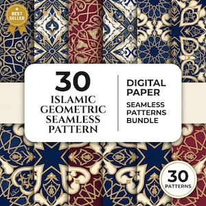 May include: A bundle of 30 digital papers featuring seamless Islamic geometric patterns in shades of deep blue, burgundy, and cream. The text reads 30 ISLAMIC GEOMETRIC SEAMLESS PATTERN DIGITAL PAPER SEAMLESS PATTERNS BUNDLE and 30 PATTERNS.