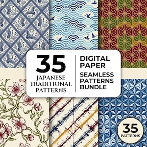 Bundel met naadloze Japanse patronen, 35 traditionele golfpatronen (Asanoha Seigaiha) digitaal papier, Wagara herhalende patronen (PNG).