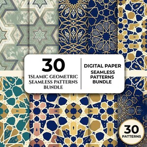 Può includere: Un pacchetto di carta digitale con 30 motivi geometrici islamici senza cuciture in varie tavolozze di colori, tra cui blu, oro e verde salvia. L'etichetta bianca centrale mostra il testo 30 ISLAMIC GEOMETRIC SEAMLESS PATTERNS BUNDLE.