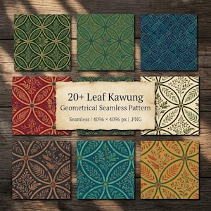 May include: A collection of square seamless patterns with leaf and floral designs in various colors, including green, blue, red, and gold. The image includes the text "20+ Leaf Kawung Geometrical Seamless Pattern".