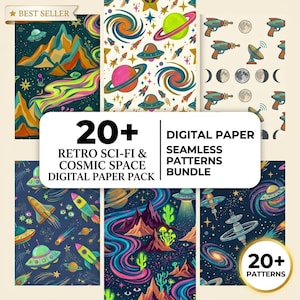 May include: A digital paper bundle featuring 20+ seamless patterns with retro sci-fi and cosmic space themes. The designs include colorful illustrations of planets, flying saucers, rockets, space stations, moons, and alien landscapes on dark and light backgrounds.