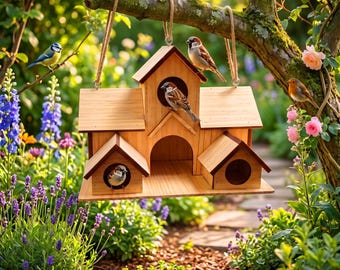 Casita para pájaros colgante de madera para varias familias, ideal para el jardín. Caja nido grande hecha a mano para exteriores, perfecta para los amantes de las aves. Regalo único para los amantes de las aves.