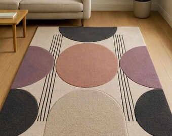 Alfombra de lana tejida a mano, círculos geométricos abstractos modernos, alfombra escandinava para sala de estar.