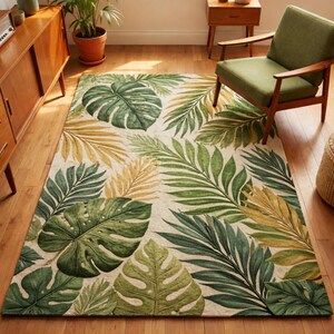 Tropical Leaf Area Rug, Botanical Green Palm Monstera Carpet, Neutral Cream Background Living Room Bedroom Decor Nature Inspired Rug
