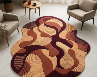 Tapis abstrait en laine capitonné à la main, tapis moderne de forme irrégulière, décoration d'intérieur beige brun rouille