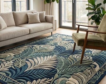 Tapis botanique botanique en laine bleu-vert tufté à la main, tapis de feuilles tropicales