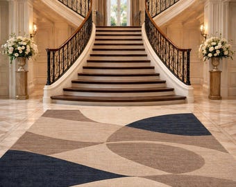 Alfombra de lana tejida a mano, alfombra geométrica abstracta moderna, decoración para sala de estar en tonos beige y azul.