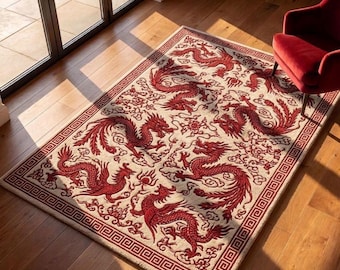 Alfombra de lana con diseño de dragón rojo, tejida a mano, de inspiración oriental asiática, con fondo crema, ideal para la decoración de la sala de estar o el dormitorio.
