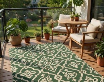 Alfombra de exterior con diseño de celosía marroquí verde, alfombra botánica bohemia para patio.