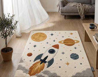 Tapis fusée spatiale touffeté à la main, tapis en laine pour chambre d'enfant, tapis galaxie crème, déco chambre d'enfant planète étoiles, tapis de sol fait main