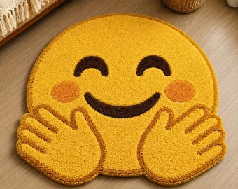 Hug Emoji Tufted Rug, Cute Smiley Face Carpet, Handmade Aesthetic Floor Mat for Bedroom, Kids Room, Dorm & Cozy Decor