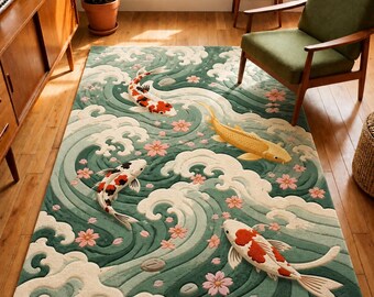 Tapis japonais poissons koi : tapis océan floral vague verte