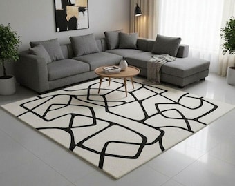 Alfombra abstracta tejida a mano, alfombra geométrica moderna en blanco y negro, alfombra minimalista para sala de estar, decoración de piso contemporánea
