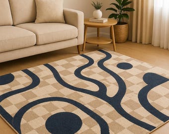 Tapis abstrait à carreaux beige, lignes courbes bleu marine, moquette tuftée à la main