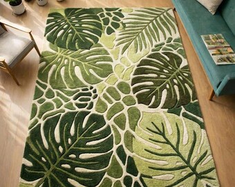 Alfombra de área con diseño botánico de hojas tejida a mano, alfombra con estampado tropical de monstera.