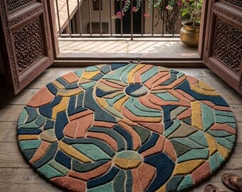 Tapis en laine touffeté à la main, tapis à fleurs géométriques abstraits, tons ocre estompés, décoration de sol de salon