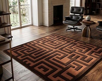 Alfombra moderna con laberinto geométrico, alfombra abstracta hecha a mano, alfombra marrón contemporánea para sala de estar, decoración minimalista de lujo.