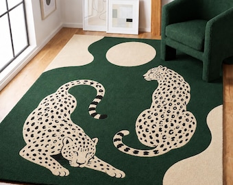 Alfombra de lana con estampado de leopardo tejida a mano, alfombra verde con estampado animal, alfombra moderna de safari para la decoración de la sala de estar, el dormitorio y la oficina.