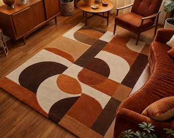 Tapis géométrique moderne du milieu du siècle, tapis rétro abstrait, tapis de salon en terre cuite beige marron, décoration de sol scandinave
