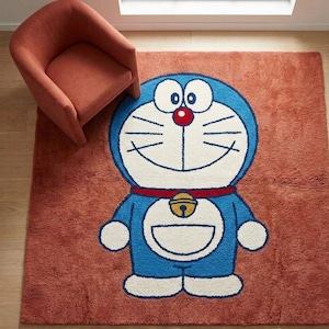 Hand Tufted Cartoon Character Rug, Blue Cat Design Wool Rug, Orange Background Kids Room Carpet, Playful Bedroom Living Room Decor