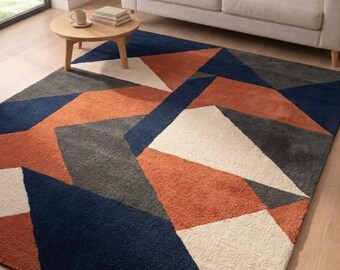 Tapis en laine tufté à la main, moquette géométrique abstraite, terre cuite gris marine crème