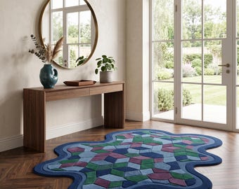 Tapis géométrique de forme organique, tapis en laine tufté à la main, tapis bleu vert abstrait moderne, tapis de chambre à coucher irrégulier