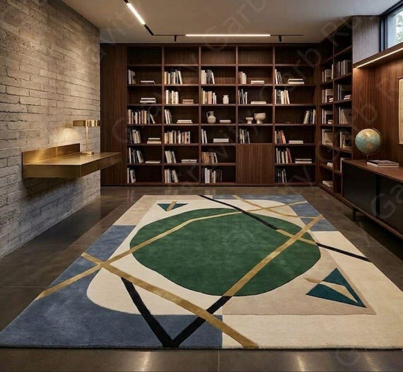 Geometric Wool Area Rug, Abstract Green Blue Beige Carpet, Contemporary Living Room Floor Decor