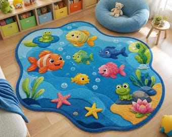 Alfombra infantil con diseño de estanque oceánico, alfombra para sala de juegos, alfombra irregular para guardería, alfombra con diseño de dibujos animados bajo el agua.
