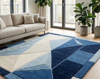 Tapis en laine tufté main, abstrait géométrique bleu crème, tapis scandinave moderne