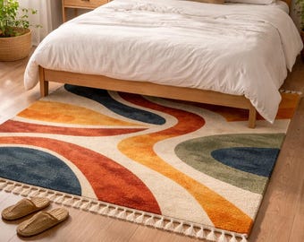 Tapis géométrique abstrait, moquette bohème colorée à pampilles, décoration de sol de salon texturé douce