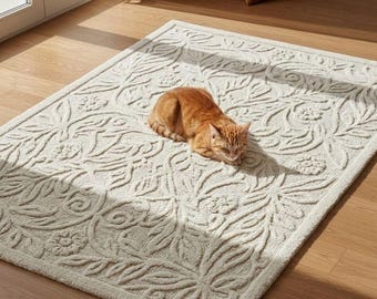 Tapis en laine capitonné à la main, moquette ivoire à motif floral de vigne, carpette neutre texturée