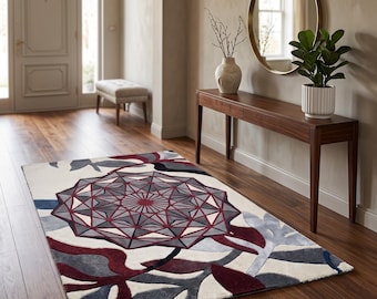 Tapis moderne géométrique en laine tufté à la main mandala, tapis floral abstrait, décoration contemporaine de tapis fait main de chambre à coucher