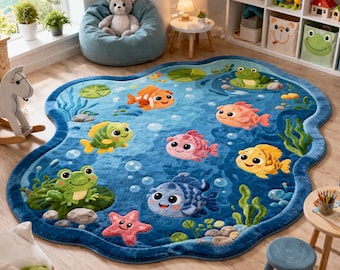 Alfombra infantil con diseño de estanque, peces y ranas de dibujos animados para sala de juegos submarina.