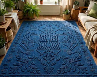 Alfombra azul marino con medallón en relieve, alfombra vintage floral para sala de estar.