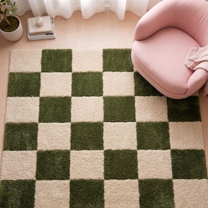 Green Cream Checkered Plush Shag Rug, Modern Minimalist Living Room Carpet