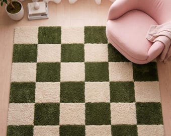 Tapis à poils longs en peluche à carreaux vert crème, tapis de salon minimaliste moderne