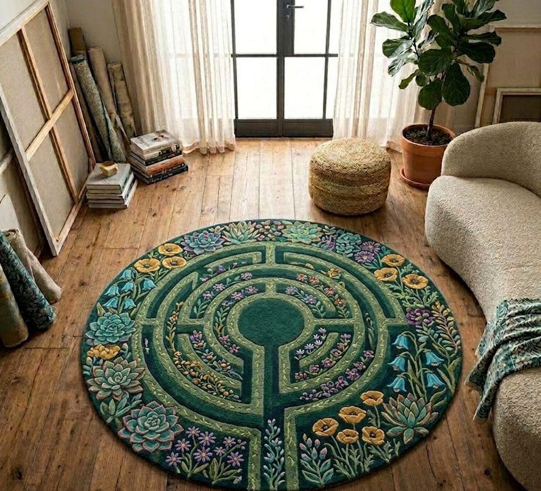 Labyrinth Rug Round Round Botanical Labyrinth Rug, Green Floral Garden Carpet, Nature ...