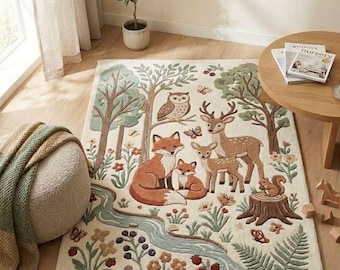 Alfombra infantil con diseño de bosque, alfombra con animales del bosque, alfombra para habitación infantil con zorro, ciervo y búho, alfombra de decoración neutra para sala de juegos con temática de naturaleza.