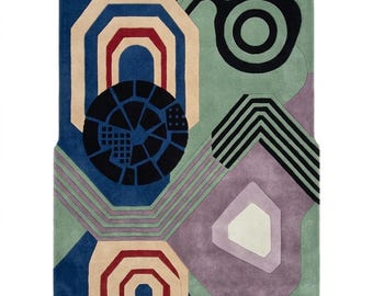 Tapis en laine capitonné à la main, tapis géométrique abstrait color block, tapis contemporain bleu vert rose