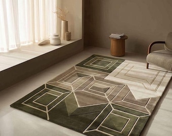 Alfombra moderna geométrica de lana tejida a mano, alfombra abstracta verde salvia beige, alfombra contemporánea para sala de estar y dormitorio.