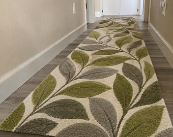 Alfombra de pasillo con diseño de hojas tejida a mano, alfombra botánica verde para pasillo, alfombra de lana, alfombra moderna inspirada en la naturaleza.