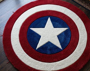 Tapis rond Captain Shield, carpette en laine tuftée à la main, moquette à étoiles rouges blanc bleu, tapis de sol circulaire inspiré des super-héros